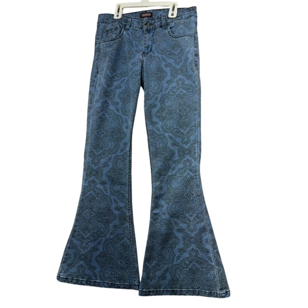 Run & Fly Blue Paisley Damask Print Flare Bell Bottom Jeans 30W 32L Retro Boho